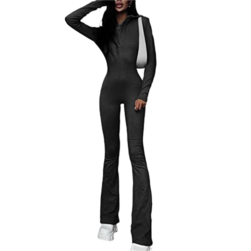 Dazzerake Chic Combinaison Femme Slim Fit Jumpsuit Col à Revers Manches Longues Pantalon Pattes d'Éléphant Casual Tenue Décontractée (Noir, L) Cover