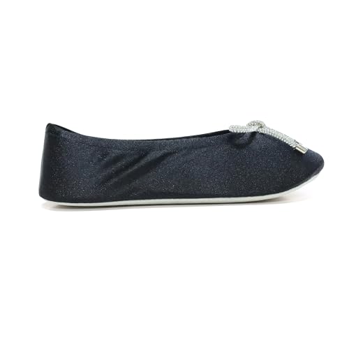 isotoner Women's Stretch Satin Ballerina Slippers with Sequin Bow, Suede Sole, and Terry Lining, Black, One Size4