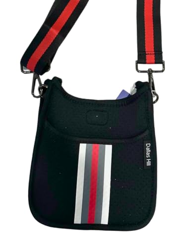 Dallas Hill Mini Crossbody Handbag, Black with Red and Silver Stripes, Adjustable Strap2