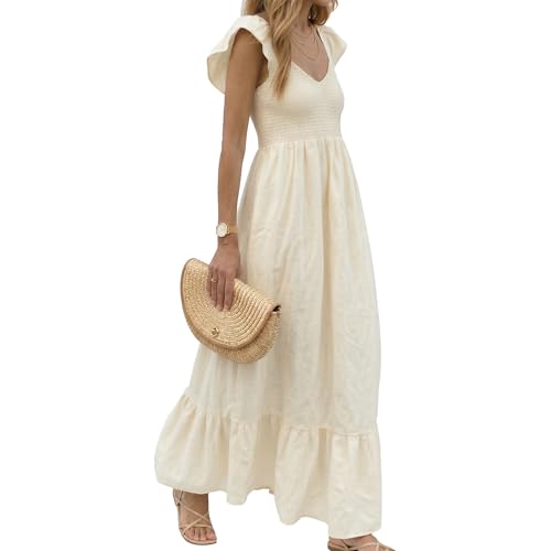 Meizinme Linen Maxi Dress for Women,Smocked V Neck Flutter Sleeve Tiered Boho Beach Sundress with...