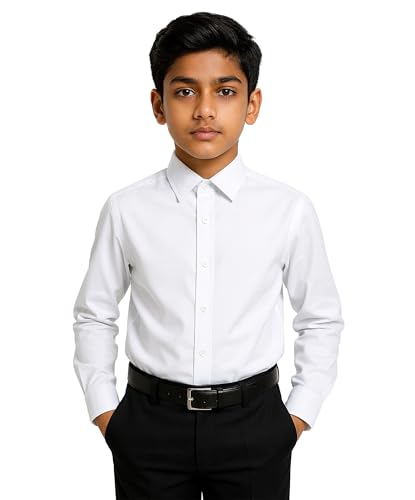 SIRRI Boys Slim Fit Long Sleeve Dress Shirt in Premium Cotton Blend with Classic Collar & Cufflinks - Formal White Shirt