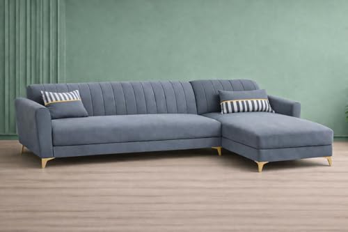 Image of Adorn India Premium Luster 6 Seater L Shape Sofa Set | Velvet Suede Fabric | 3-Year Warranty | RHS |Color Grey with Golden Legs & Striped Pattern Cushion