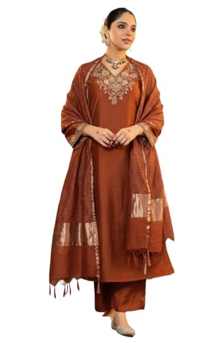 Image of Klosia Women Embroidery Solid Straight Kurta and Pant Set with Dupatta