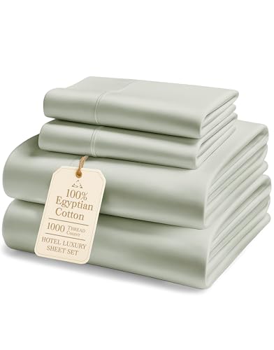 100% Egyptian Cotton Queen Bed Sheet Set 1000 Thread Count 4 Piece Queen Sheets Set Breathable & Fade Resistant Silky Sateen Weave Ultra-Soft Hotel Luxury Bedding with 15 Deep Pocket - Mineral