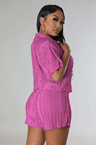 Fastkoala Women's 2 Piece Outfits Summer Pleated Tracksuits Lounge Button Down Shirts Top High Waist Shorts Set Rose Red Rose Red L #TOP3