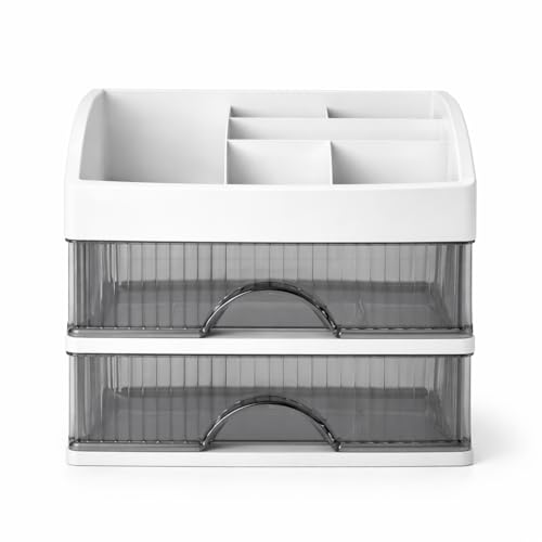 HoopVool® Countertop Organizer with Drawers Plastic Storage for Makeup Brush,Hair Accessories,Jewelry,Skincare Vanity Display, Skin Care Products, Office Desk Organizer (White, Layer-2)