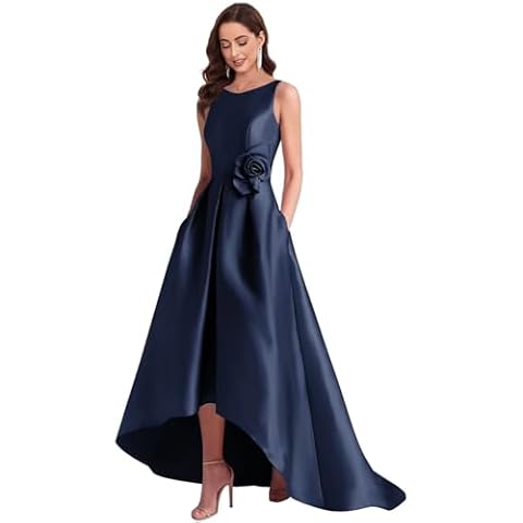 petyoo Mother of The Groom Dresses for Wedding Plus Size Tea Length Petite Formal Satin Floral Navy Blue Bridesmaid Dress with Pockets 18W Cover