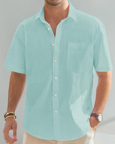 Image of J.VER Mens Linen Shirt Short Sleeve Button Down Casual Summer Shirts | Cotton Linen, Untucked, Big Tall, from Beach Camp Vacation, Cruise Fishing, Work Office, to Wedding Party Family, with Pocket