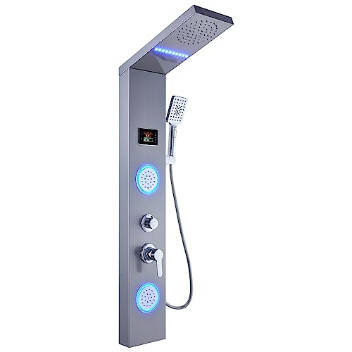 Image of ELLO&ALLO Shower Panel System Tower, LED Rainfall and Mist Head Rain Massage Stainless Steel Bathroom Fixtures with LED Body Jets, Brushed Nickel