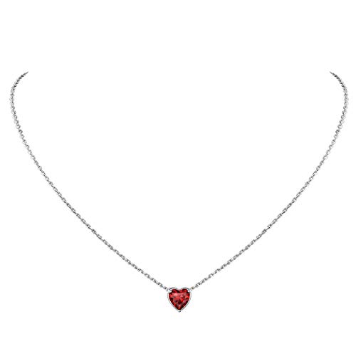 Suplight Collares de Corazón en Color Granate Rojo Piedras Natales de Cumpleaños de Enero Cadenas Hipoalergénicas Plata de Ley 925 para Mujeres