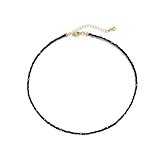 VOPIPO Dainty Black Spinel Beaded Choker Necklace for Women Trendy Natural Shiny 3mm Black Agate Crystal Stone Necklace 18k Gold Plated Chain Adjustable Cute Necklace Jewelry for Teen Girls Gifts