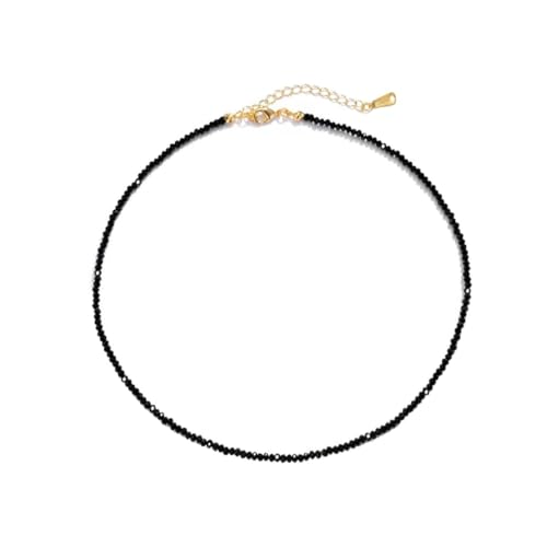 Dainty Black Spinel Beaded Choker Necklace for Women Trendy Natural Shiny 3mm Black Agate Crystal Stone Necklace 18k Gold Plated Chain Adjustable Cute Necklace Jewelry for Teen Girls Gifts