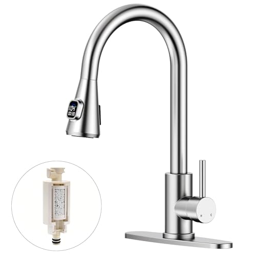 HOMELODY Upgraded Filter Water Kitchen Faucet with Pull Down Sprayer - LED Temperature Display Kitchen Faucets 1 Or 3 Hole Kitchen Sink Faucet for Remove Lead Chlorine Bad Taste & Odor