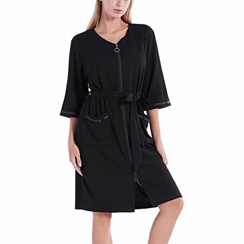 Women Zipper Robe Half Sleeve Housecoat Cotton Waffle Knit Robe Zip Up Bathrobes Short Nightgown Loungewear With Pockets #TOP17