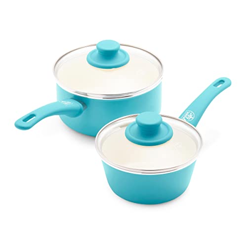 GreenLife Soft Grip Healthy Ceramic Nonstick, 1QT and 2QT Saucepan Pot Set with Lids, PFAS-Free, Dishwasher Safe, Caribbean Blue