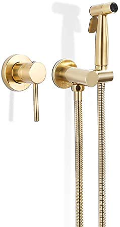 Bidet-Sprühset, Messing-Bidet-Sprühpistole aus gebürstetem Gold mit Bidet-Spritzpistole mit heißem und kaltem Handmixer-Ventil Jet-Set Duschkopf