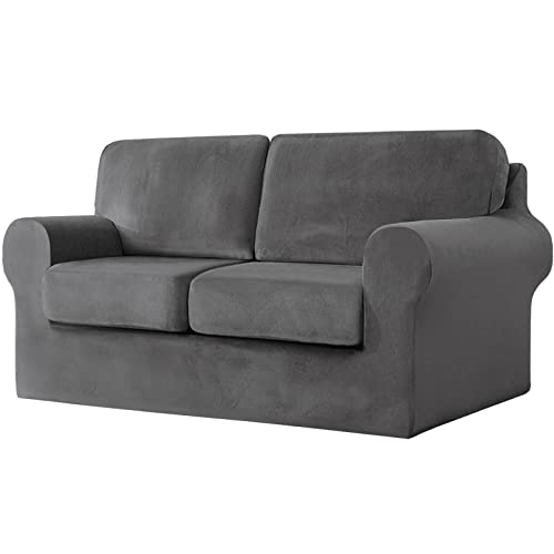 Lot de 5 housses de canapé 2 places en velours extensible super doux avec housse de dossier séparée et 2 housses de coussin d'assise pour salon, gris foncé