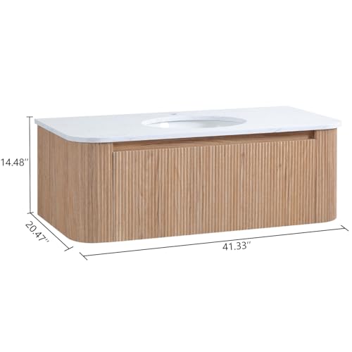 Image of 42 Inch Wall Mounted Bathroom Vanity with Ceramic Sink, Pre-Assembled Floating Vanity Cabinet with Cararra Artificial Countertop, Wave Texture Finish & Drawer, Wood