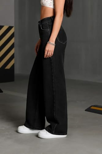 Image of Women's Black High Waist Denim Jeans | Straight, Relaxed, Wide Leg & Baggy Fit | High Rise Loose Oversized Denim Pants for Women | Comfortable Casual Everyday Wear | Oversized Woman baggys