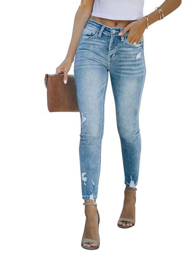 KUNMI Women's Mid Waisted Skinny Ripped Jeans Slim Fit Distressed Stretchy Denim Pants
