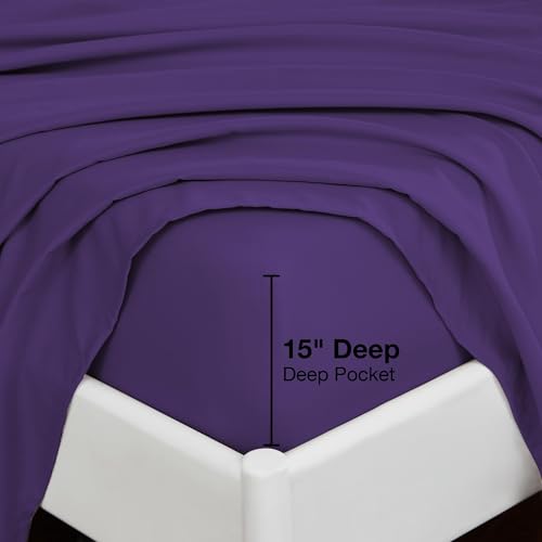 Image of Softan Microfiber Twin Sheet Set with Non-Slip Corner Straps, Purple | 15 inch Deep Pocket Fitted Bed Sheets, Double Brushed Microfiber, Sheets & Pillowcase for All Season