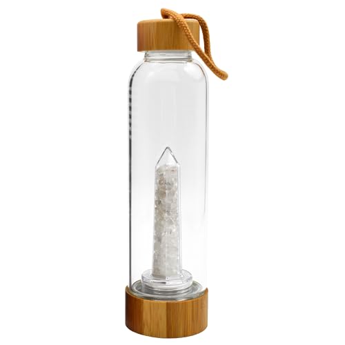 Crystal Drinking Flask With Quartz Fragmented Crystals 500ML - Clear Water Bottle, Glass Bottle, Stunning Gifts (Bamboo)