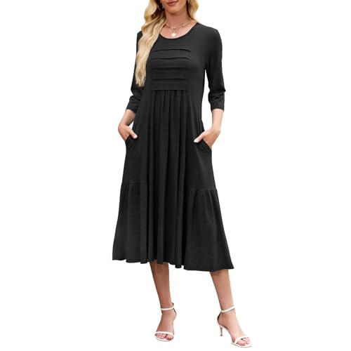 Kleid Damen 3/4 Arm Partykleid Midikleid Rundhals T-Shirt-Kleid Solide Reisekleid Elegant Holidy Kleider mit Taschen für Party Hochzeit