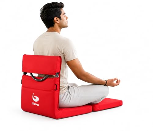 blissage Meditation Chair | Foldable Floor Seat with Cushion and Back Support | for Yoga, Pranayama, Prayer & Cross-Legged Sitting | Portable Metal Frame with Carry Bag | 2 Year Warranty (Red)