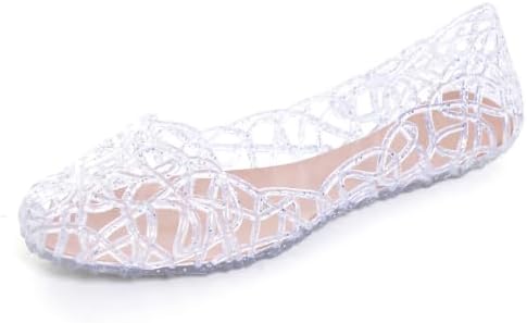 Dear Time Women Flat Heel Summer Beach Jelly Shoes, Silver, 7