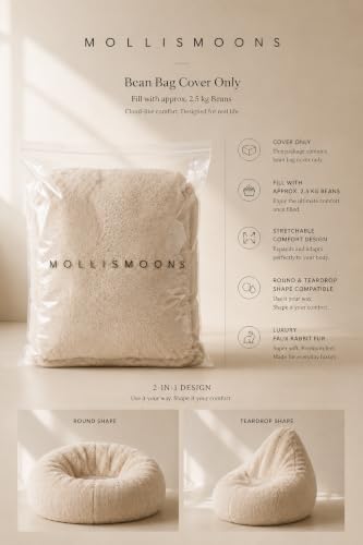 Image of Mollismoons Lounge Set | Luxury Faux Fur Bean Bag Chair + Round Floor Cushion | Ultra Soft Washable Cover Only (Without Beans) Signature Collection (Beige, Lounge Set)