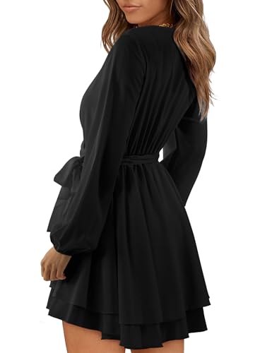 Image of Women Wrap Dress Casual Mini V Neck Fall Long Sleeve Wedding Guest Dresses with Belt