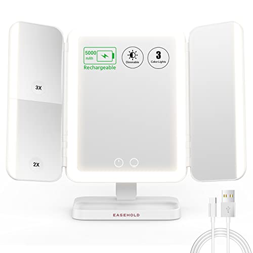 EASEHOLD Schminkspiegel 5000 mAh beleuchtet, wiederaufladbar, 3 Farb-Beleuchtungsmodi, verstellbar mit 1x/2x/3x-Vergrößerung, für die Arbeitsplatte Kosmetik-Vergrößerung, dreifach faltbar Cover