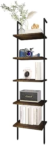 aboxoo Ladder Shelf 5 Tiers Metal Industrial Bookshelf, Rustic Brown Wood Tall Open Storage Rack and Display Shelves,Wall Mount Wide Book Case for Home Office Bedroom,Small