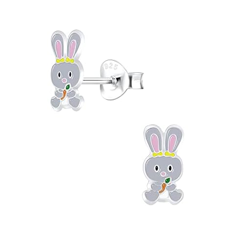 Laimons Pendientes para niña con diseño de conejo, color blanco y rosa, plata de ley 925 Cover