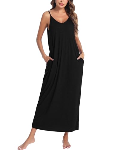 Marvmys Womens Cotton Long Nightgowns Spaghetti Strap V Neck Full Slip Sleep Shirts with Pockets
