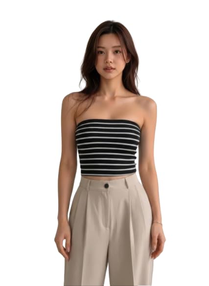 cotiq Women's Cotton Blend Tube Crop Top | Sleeveless Solid Stretch Bandeau Top | Casual Off Shoulder Fitted Summer Top-picture-30