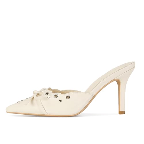 Image of DOEYG Women Pointed Toe Bow Heels Mules Slip on Stiletto Heels Sandals Dress Party Wedding Studded Heels Pumps