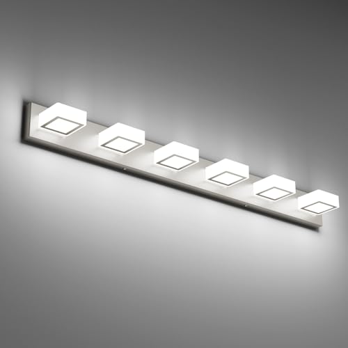 Image of Ralbay Brushed Nickel Bathroom Vanity Lights 48inch Metal Acrylic LED Modern Bathroom Wall Lighting Fixtures Over Mirror Brushed Nickel (White Light 6000K, Non-dimmable)