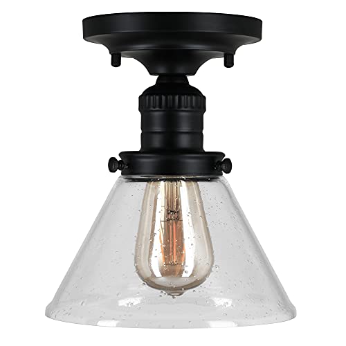 Image of Design House Augustin Ceiling Light, 1-Light, Semi-Flush, Seeded Glass Glow, Dimmable, E26 Socket, Durable Metal Frame, Black, 7.9 in L x x 7.9 in W x 9.1 in H, 589069-BLK