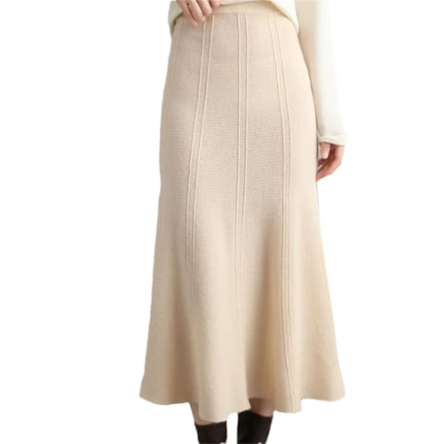 Women's Winter 100% Solid Wool Knitted Skirt High Waist and Hip Long Skirt Slim Cashmere Umbrella Skirt Light Color One Size