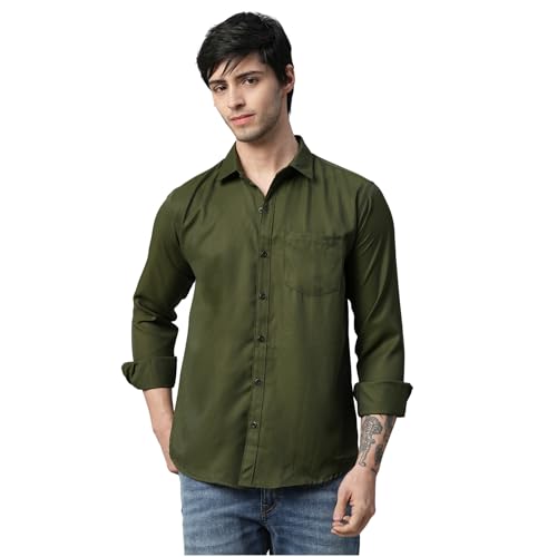 Image of Men's Army Green Regular Fit Casual Shirt | Solid Cotton Blend Full Sleeve Shirt for Office, Party