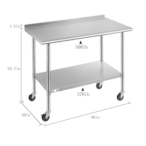 Image of Stainless Steel Table for Prep & Work with Backsplash and Caster 30x48 Inches, NSF Metal Commercial Kitchen Table with Adjustable Under Shelf and Table Foot for Restaurant, Home and Hotel
