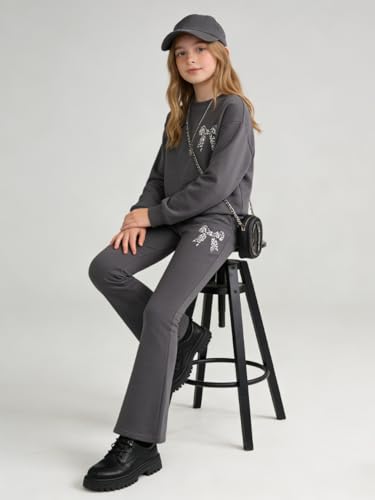 Image of Tween Girls Clothes Long Sleeve Graphic Sweatshirt Top + Bow Knot Pants 2 Piece Outfit Set, Size 7-16Years