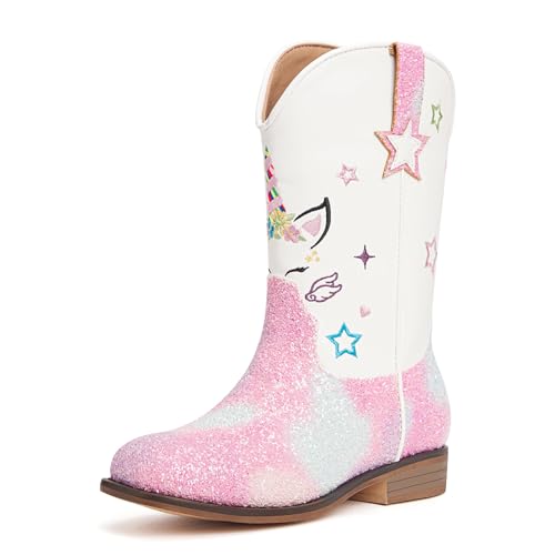 Julyrose Girls Cowgirl Boots Toddler Western Cowboy Boots - Glitter Square Toe Mid Calf Riding Shoes for Little Kids, Big Kids