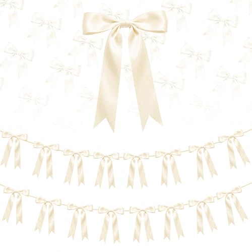 2 Strings Cream Bow Garland Banner Decorations 16Pcs Pre-Strung Satin Ribbon with 6.7ft Chain for Ivory White Ribbon Bow Coquette Room Birthday Baby Bridal Shower Wedding Bachelorette Party Decor