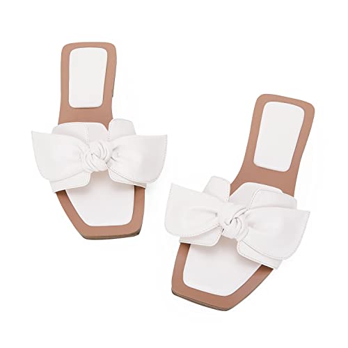 LAICIGO Womenâ€™ s Flat Sandals Square Open Toe Bowknot Slides Slip On Summer Fashion Shoes