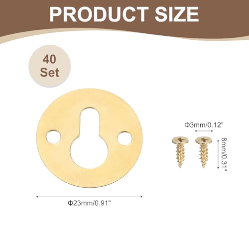 Image of uxcell 40Pcs Round Keyhole Picture Frame Hangers, 23mm Heavy Duty Metal Keyhole Hangers Plates Picture Frame Hanging Plate with Screws for Mirrors Pictures Photo Frames, Gold