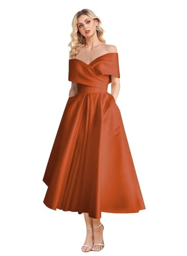 Image of Women's Off Shoulder Wedding Dress for Bride Tea Length A Line Satin Formal Prom Dresses with Pockets