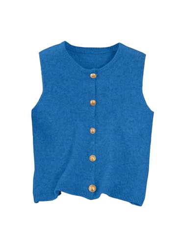 Image of RoseSeek Women's Button Down Sweater Vest Sleeveless Crewneck Knit Outerwear Old Money Knitwear