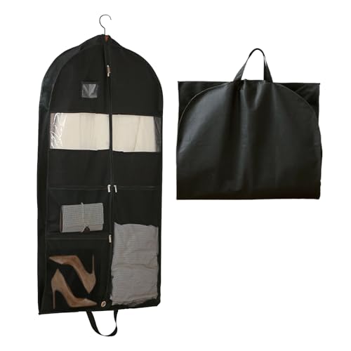 Vnvnvnv 51" Dress Bags Covers Long Suit Covers For Men Women Wedding Dress Bag Portable Folding Long Coat Covers Coat Gowns Dresses Shirts Jackets Storage with 4 Pockets, Black